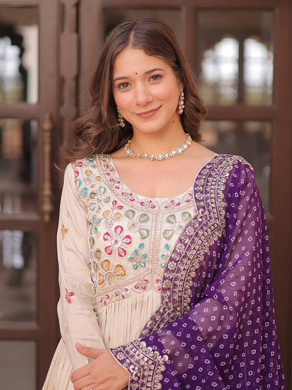 Off White Cosmos Weaving Jacquard Gown With Purple Dupatta