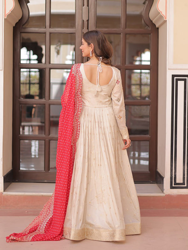 Off White Cosmos Weaving Jacquard Gown With Bandhani Printed Dupatta