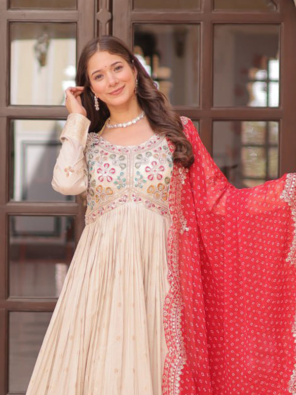 Off White Cosmos Weaving Jacquard Gown With Bandhani Printed Dupatta
