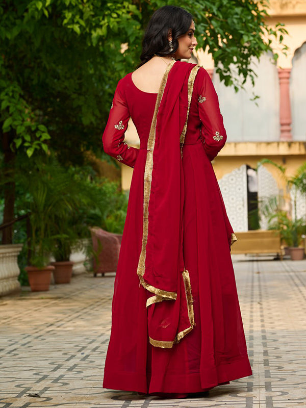 Maroon Faux Blooming Thread Embroidered Work Gown With Dupatta