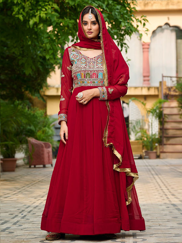 Maroon Faux Blooming Thread Embroidered Work Gown With Dupatta