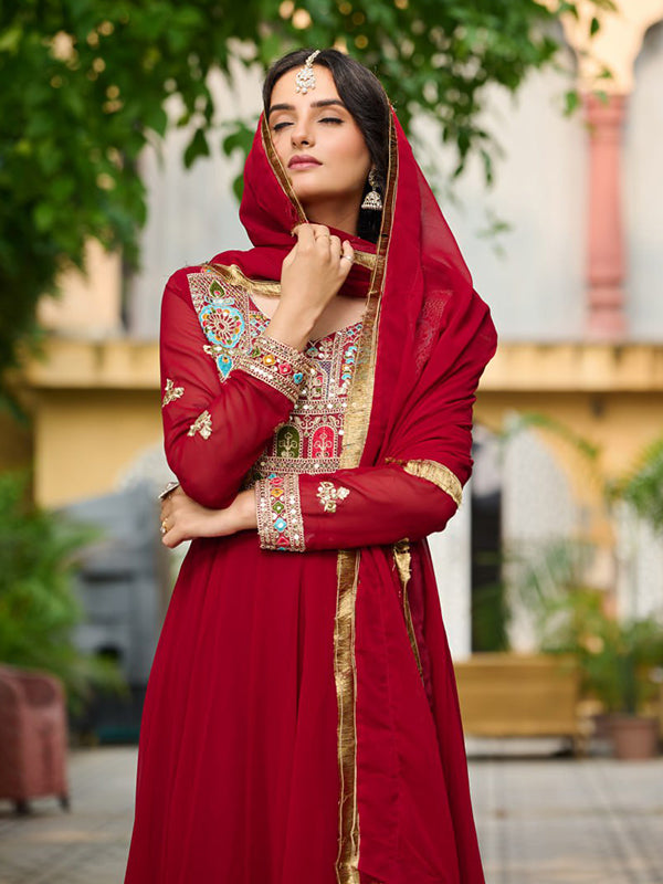 Maroon Faux Blooming Thread Embroidered Work Gown With Dupatta