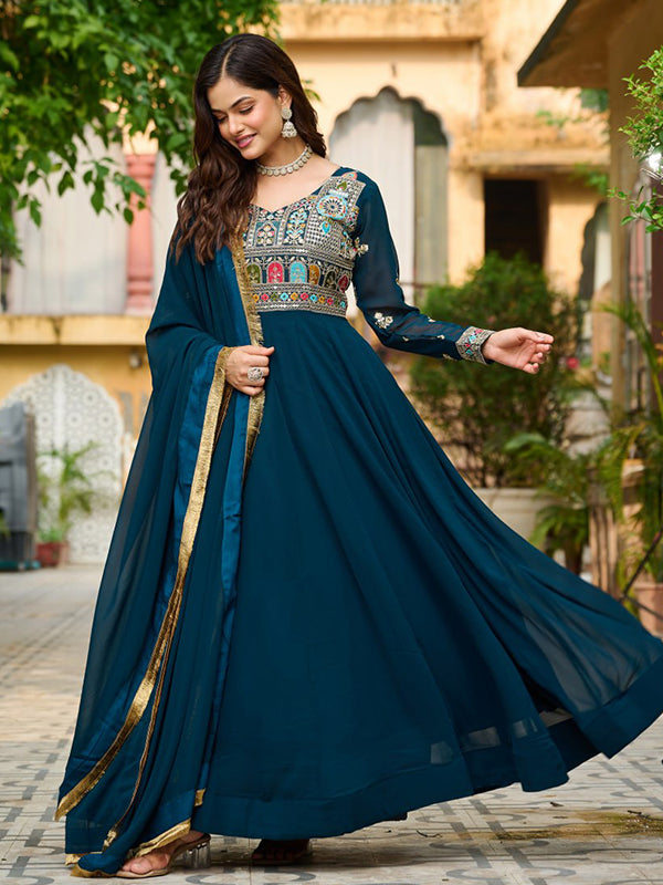 Rama Faux Blooming Thread Embroidered Work Gown With Dupatta