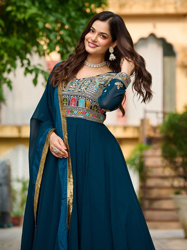 Rama Faux Blooming Thread Embroidered Work Gown With Dupatta