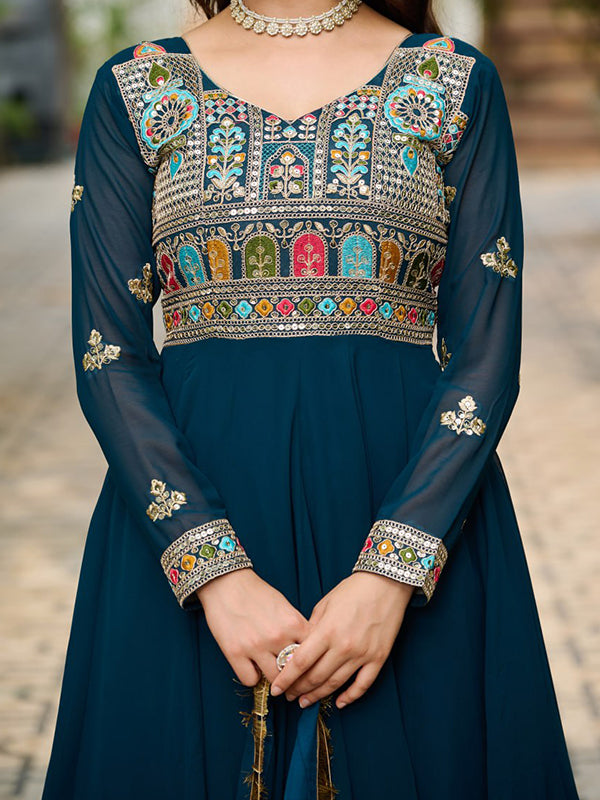 Rama Faux Blooming Thread Embroidered Work Gown With Dupatta