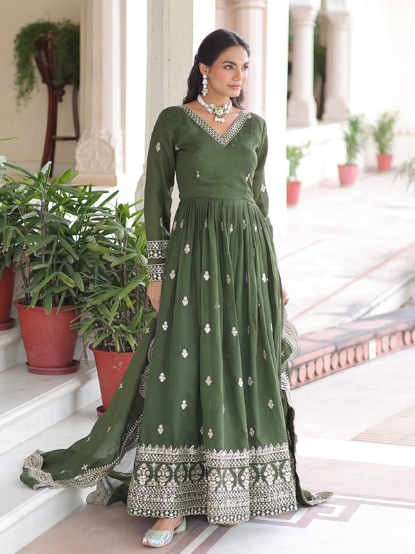 Mehndi Green Sequins Zari Embroidered Work Vichitra Silk Gown With Dupatta