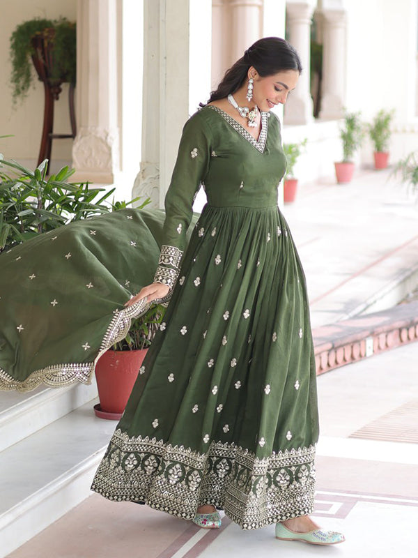 Mehndi Green Sequins Zari Embroidered Work Vichitra Silk Gown With Dupatta