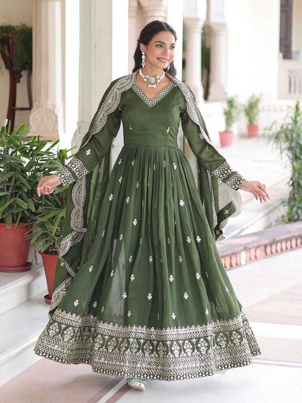 Mehndi Green Sequins Zari Embroidered Work Vichitra Silk Gown With Dupatta