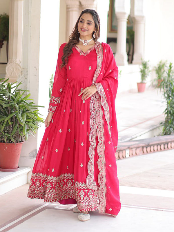 Rani Pink Sequins Zari Embroidered Work Vichitra Silk Gown With Dupatta
