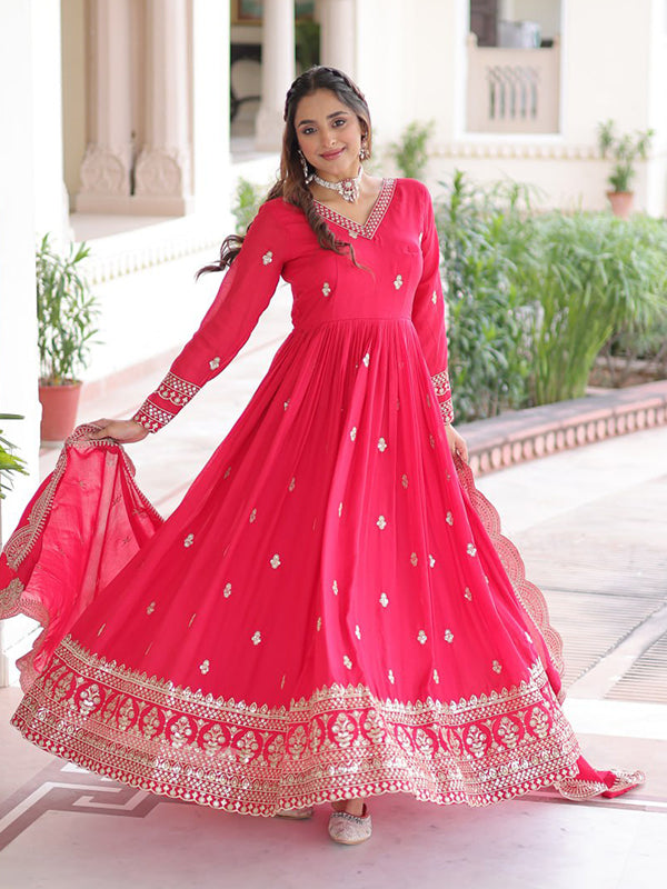 Rani Pink Sequins Zari Embroidered Work Vichitra Silk Gown With Dupatta