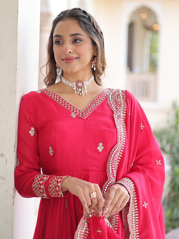 Rani Pink Sequins Zari Embroidered Work Vichitra Silk Gown With Dupatta