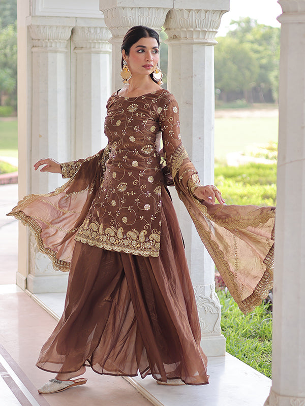 Coffee Maroon Rich Sequins Embroidered Work Sharara Set With Dupatta