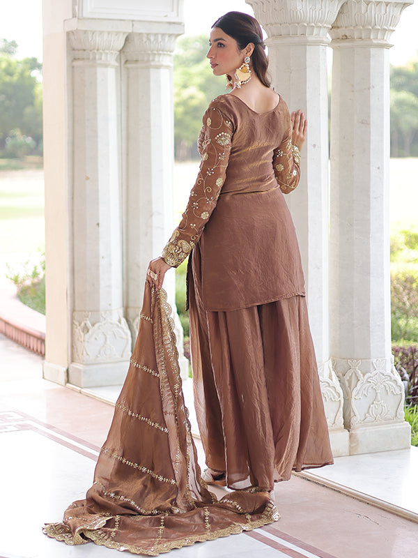 Coffee Maroon Rich Sequins Embroidered Work Sharara Set With Dupatta