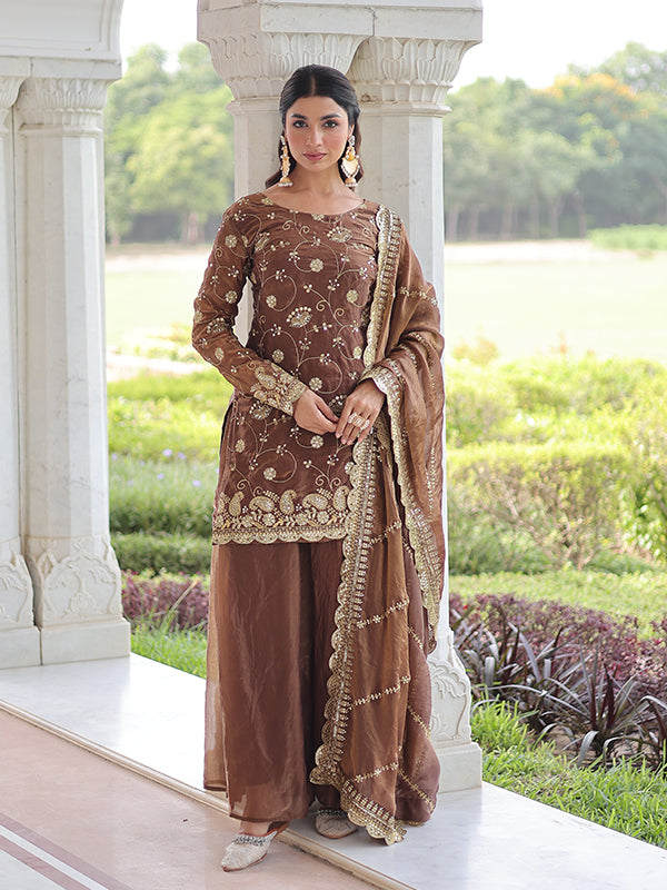 Coffee Maroon Rich Sequins Embroidered Work Sharara Set With Dupatta