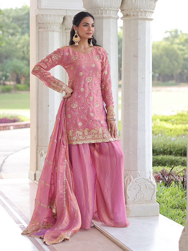 Light Pink Rich Sequins Embroidered Work Sharara Set With Dupatta