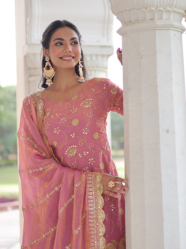 Light Pink Rich Sequins Embroidered Work Sharara Set With Dupatta