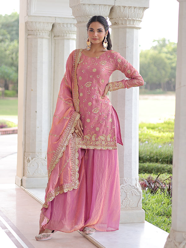 Light Pink Rich Sequins Embroidered Work Sharara Set With Dupatta