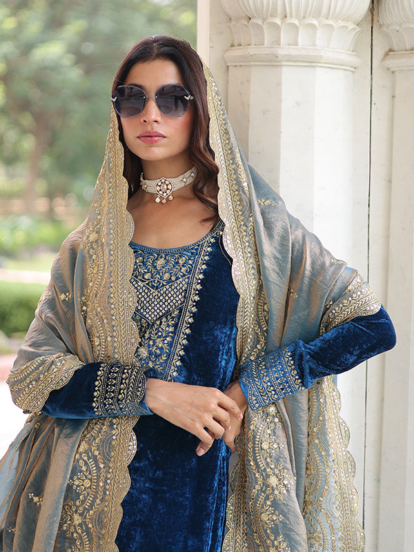 Blue Zari Embroidered Work Velvet Suit Set With Fendy Dupatta