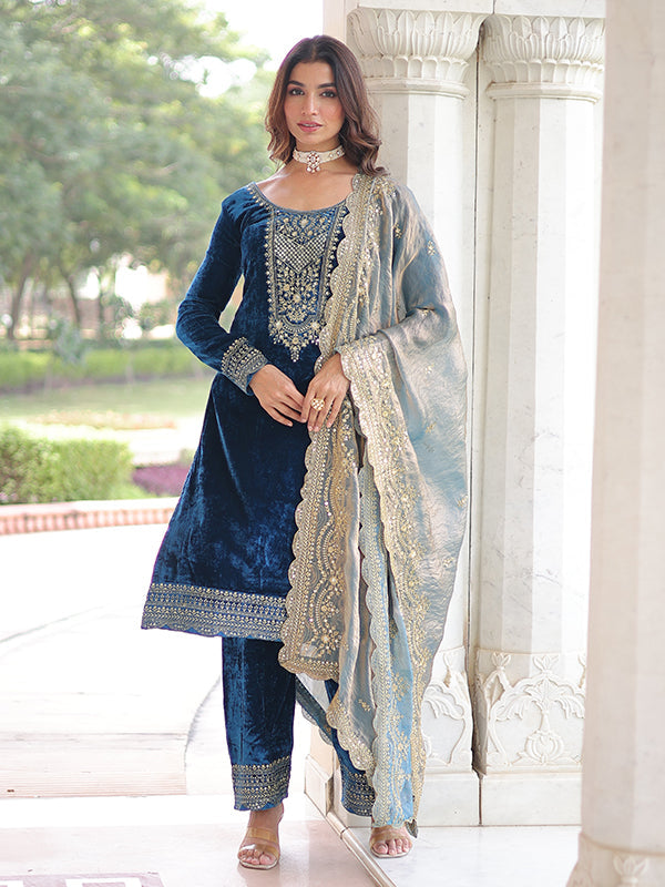 Blue Zari Embroidered Work Velvet Suit Set With Fendy Dupatta