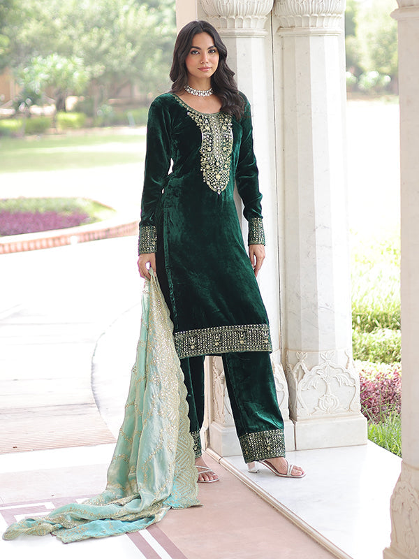 Green Zari Embroidered Work Velvet Suit Set With Fendy Dupatta
