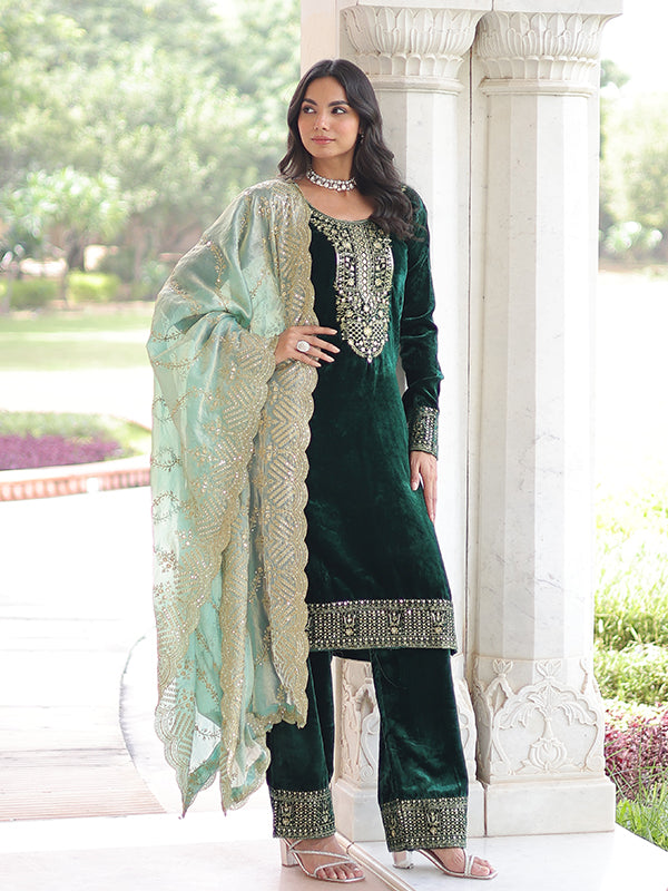 Green Zari Embroidered Work Velvet Suit Set With Fendy Dupatta