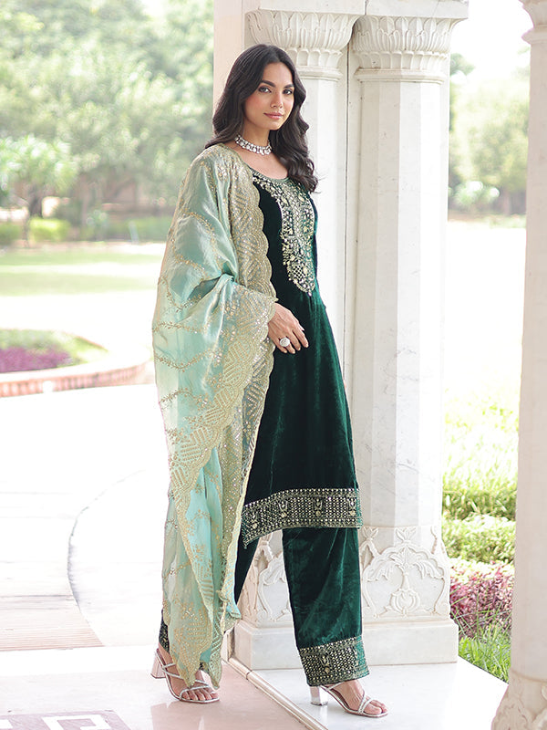 Green Zari Embroidered Work Velvet Suit Set With Fendy Dupatta
