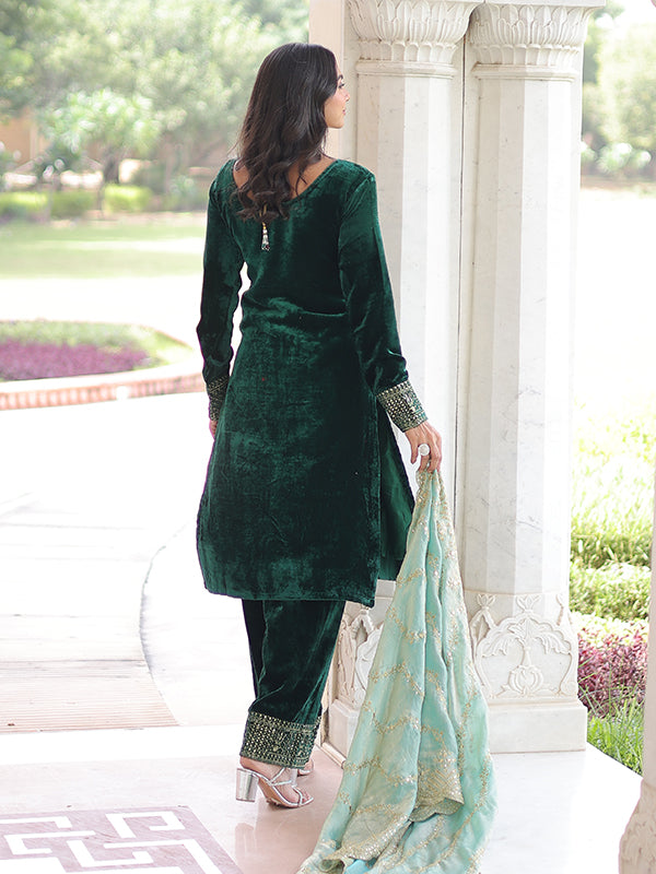 Green Zari Embroidered Work Velvet Suit Set With Fendy Dupatta