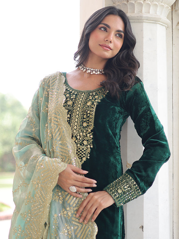 Green Zari Embroidered Work Velvet Suit Set With Fendy Dupatta