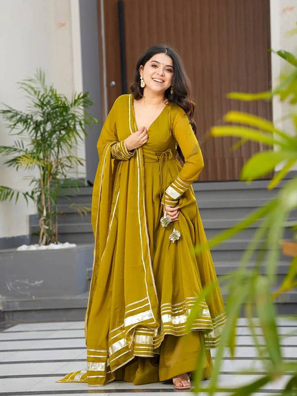 Mustard Yellow Pure Fox Georgette Gown Pant With Dupatta