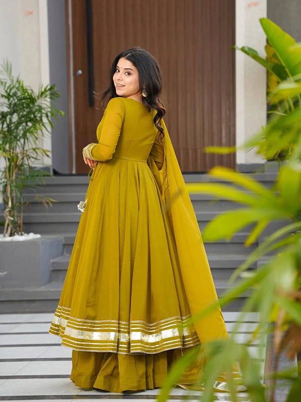 Mustard Yellow Pure Fox Georgette Gown Pant With Dupatta