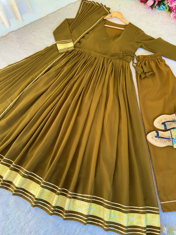 Mustard Yellow Pure Fox Georgette Gown Pant With Dupatta