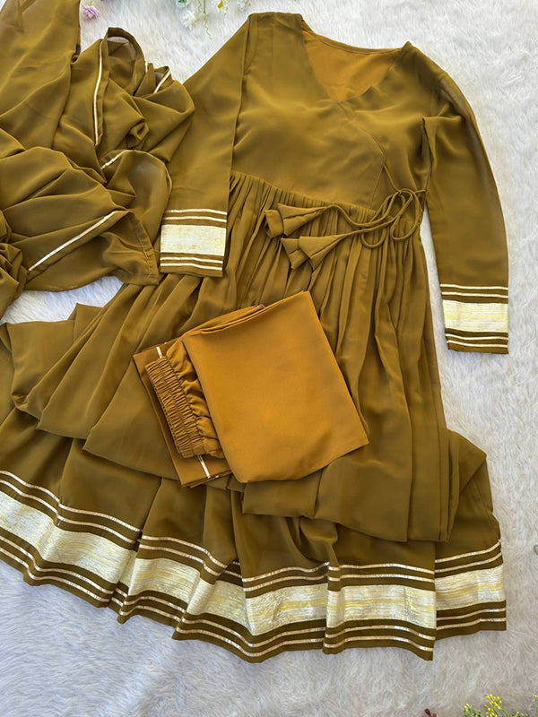Mustard Yellow Pure Fox Georgette Gown Pant With Dupatta