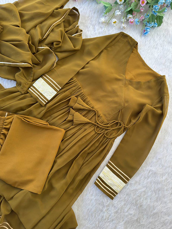 Mustard Yellow Pure Fox Georgette Gown Pant With Dupatta