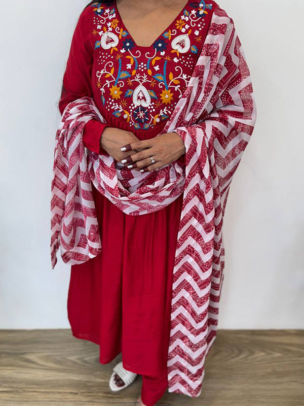 Cherry Red Viscose Muslin Silk Kurti Pant With Dupatta