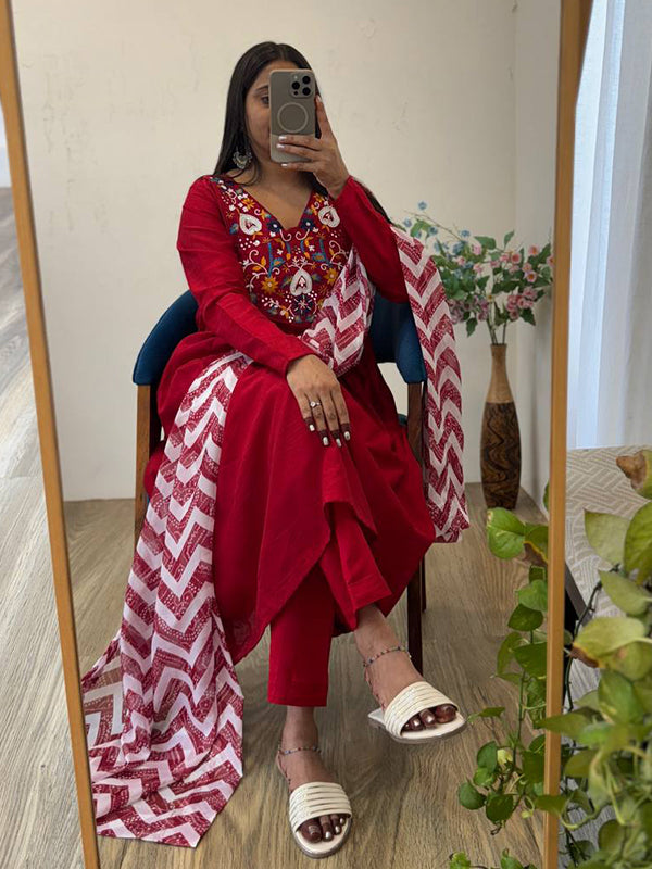 Cherry Red Viscose Muslin Silk Kurti Pant With Dupatta