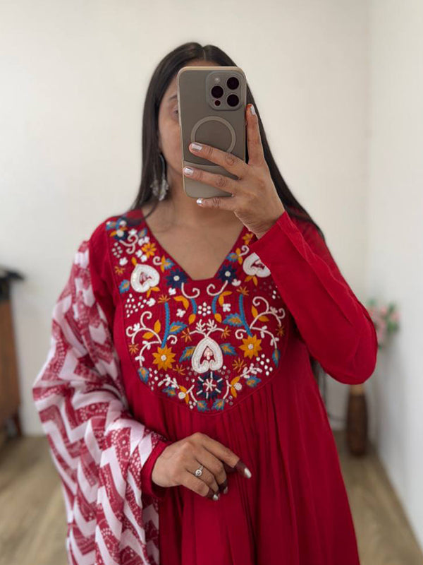 Cherry Red Viscose Muslin Silk Kurti Pant With Dupatta