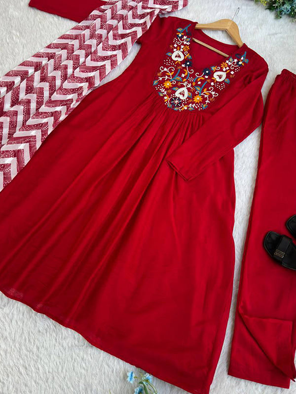 Cherry Red Viscose Muslin Silk Kurti Pant With Dupatta