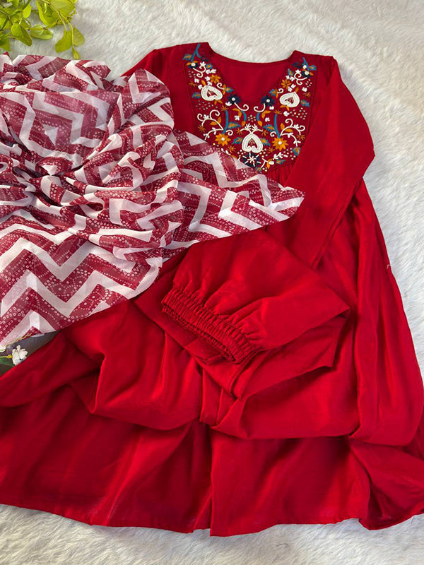 Cherry Red Viscose Muslin Silk Kurti Pant With Dupatta