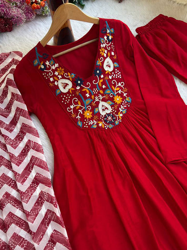 Cherry Red Viscose Muslin Silk Kurti Pant With Dupatta