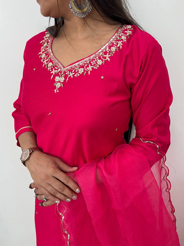 Pink Handwork Cotton Kurti Pant With Dupatta