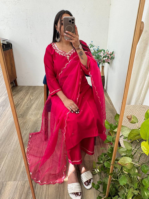 Pink Handwork Cotton Kurti Pant With Dupatta