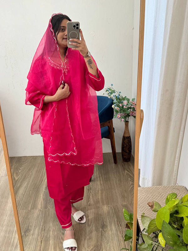 Pink Handwork Cotton Kurti Pant With Dupatta