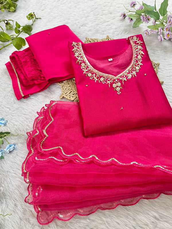 Pink Handwork Cotton Kurti Pant With Dupatta