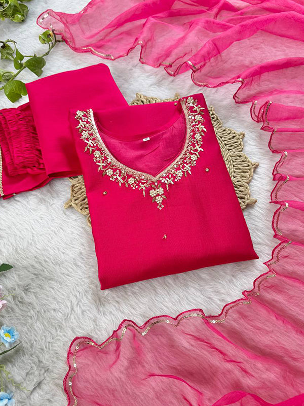 Pink Handwork Cotton Kurti Pant With Dupatta