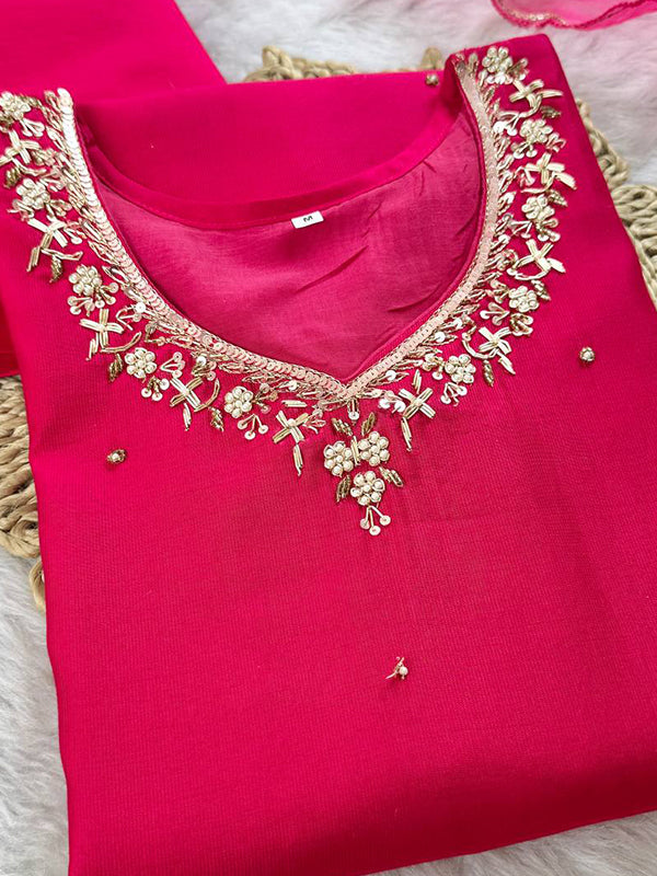 Pink Handwork Cotton Kurti Pant With Dupatta