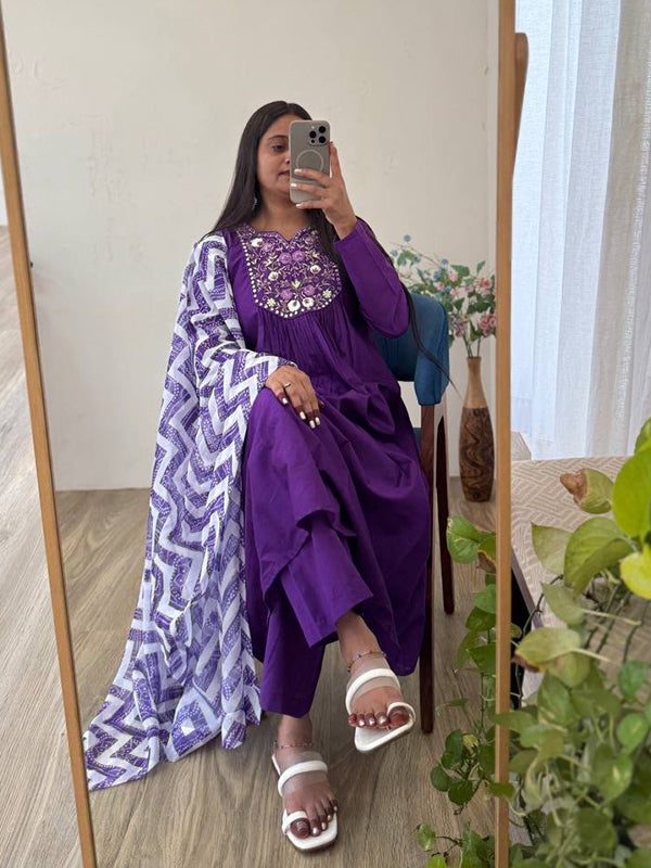 Purple Viscose Muslin Silk Kurti Pant With Dupatta