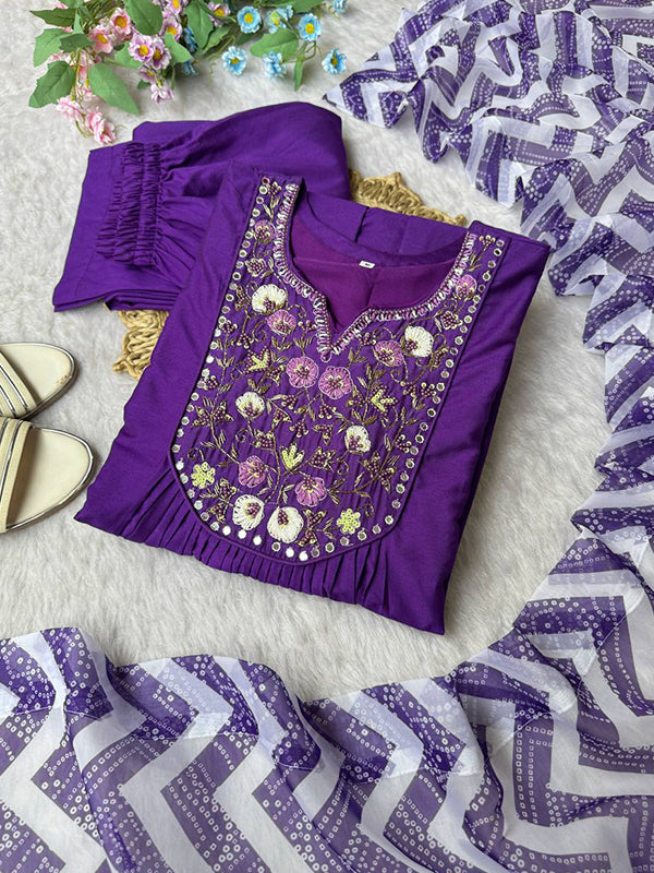 Purple Viscose Muslin Silk Kurti Pant With Dupatta