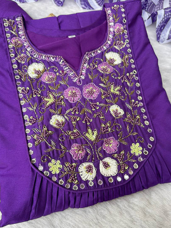 Purple Viscose Muslin Silk Kurti Pant With Dupatta