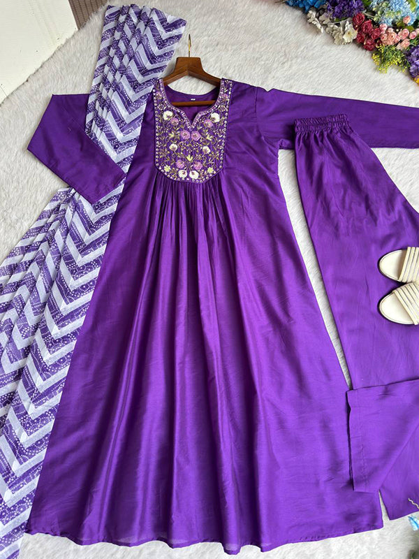 Purple Viscose Muslin Silk Kurti Pant With Dupatta