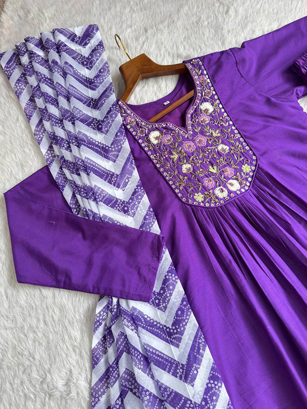 Purple Viscose Muslin Silk Kurti Pant With Dupatta